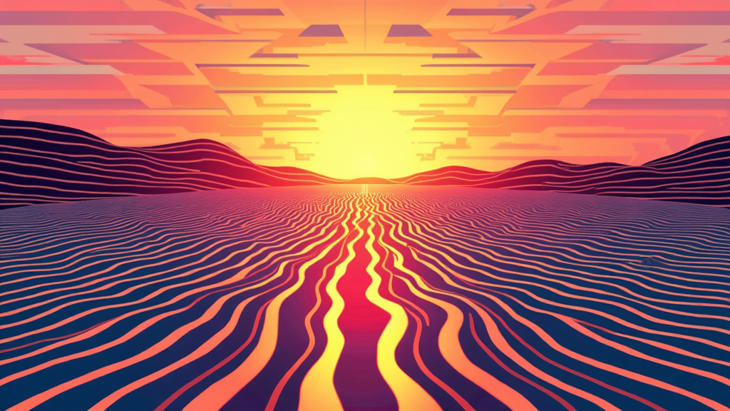 Mirage Horizon Lines: A composition of stacked, parallel, and potentially distorted geometric lines of varying thickness and color, evoking the optical effect of desert heat haze and mirages on the horizon.