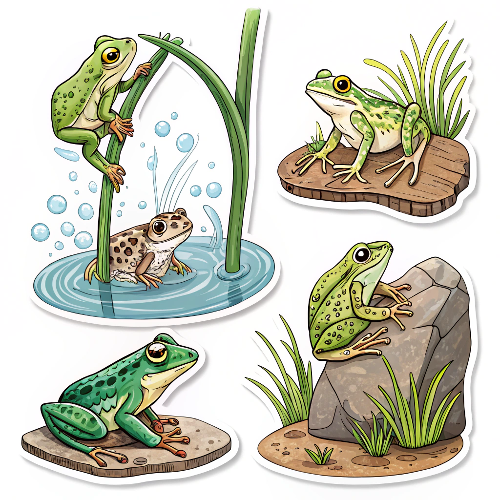 Stickers illustrating frogs in their varied environments: one climbing a stem, one swimming, one burrowing slightly, one perched on a rock, showcasing habitat diversity.