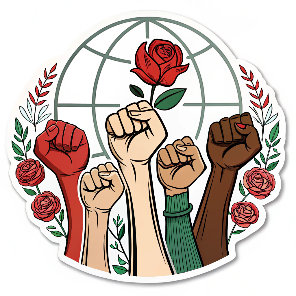 Stylized illustration of diverse hands clasped together or raising fists in solidarity, perhaps encircling a globe or a specific symbol like a flower (e.g., a red carnation).