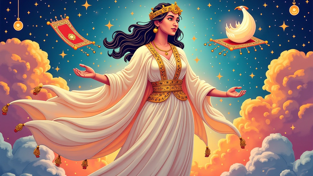 An ethereal portrait of Scheherazade where her flowing robes and the background seemingly merge with dreamlike depictions of key scenes from the Arabian Nights (e.g., a flying carpet, a genie emerging, a giant roc).