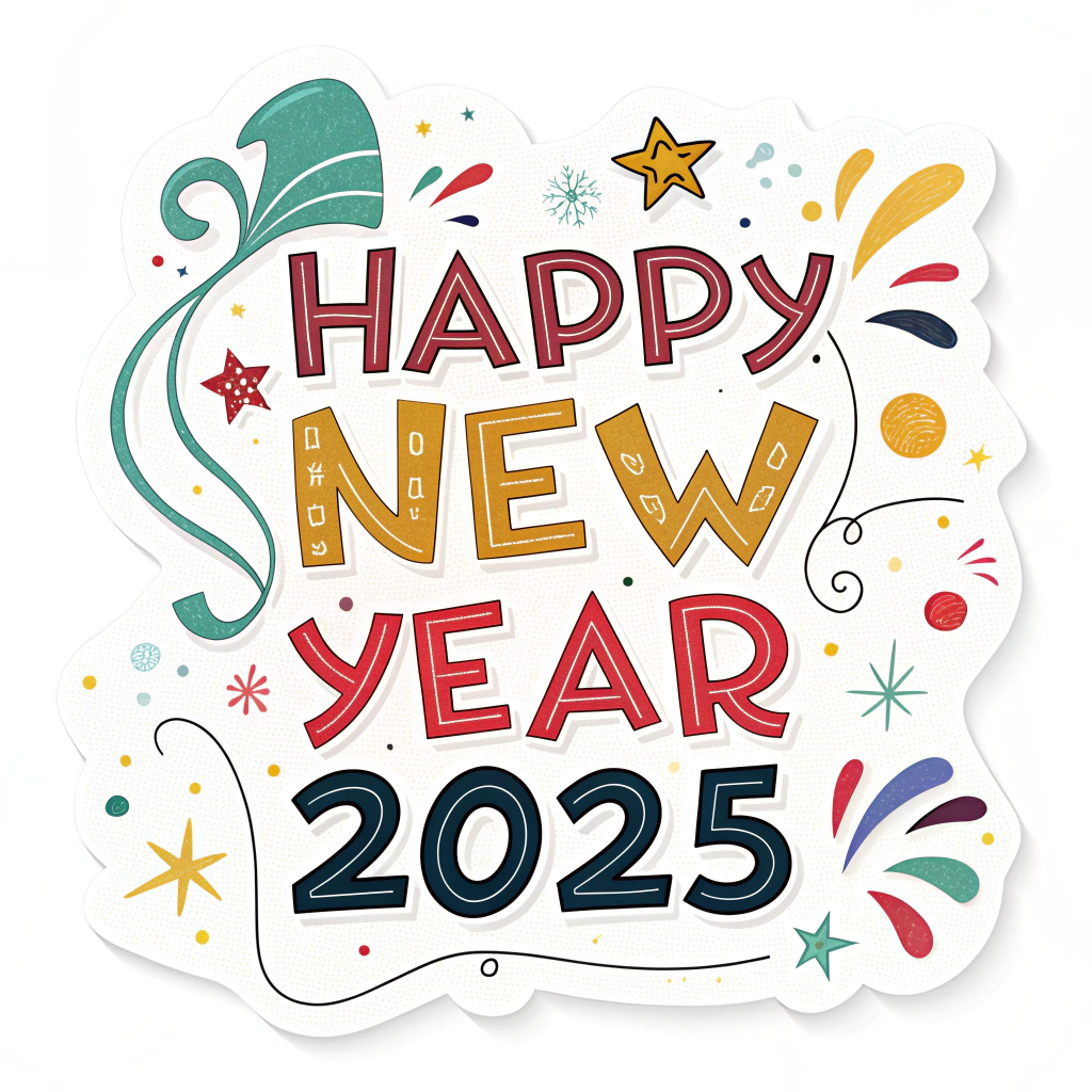 The image shows a poster with the words Happy New Year 2025 written in bold, festive font surrounded by colorful confetti and streamers, creating a cheerful atmosphere to celebrate the start of a new year.