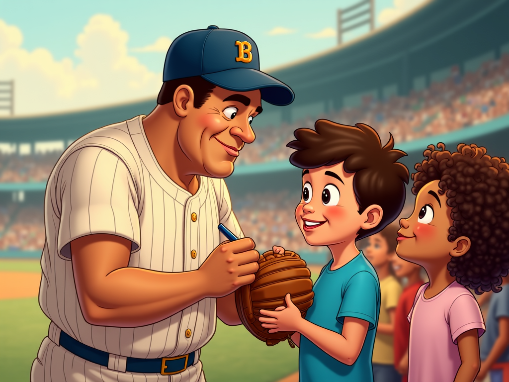 A cartoon scene where Babe Ruth is gently autographing a baseball glove for a shy but beaming child. Other children are waiting in line, full of anticipation. The illustration style is warm, with soft lighting, highlighting the emotional connection between the idol and his young fans.