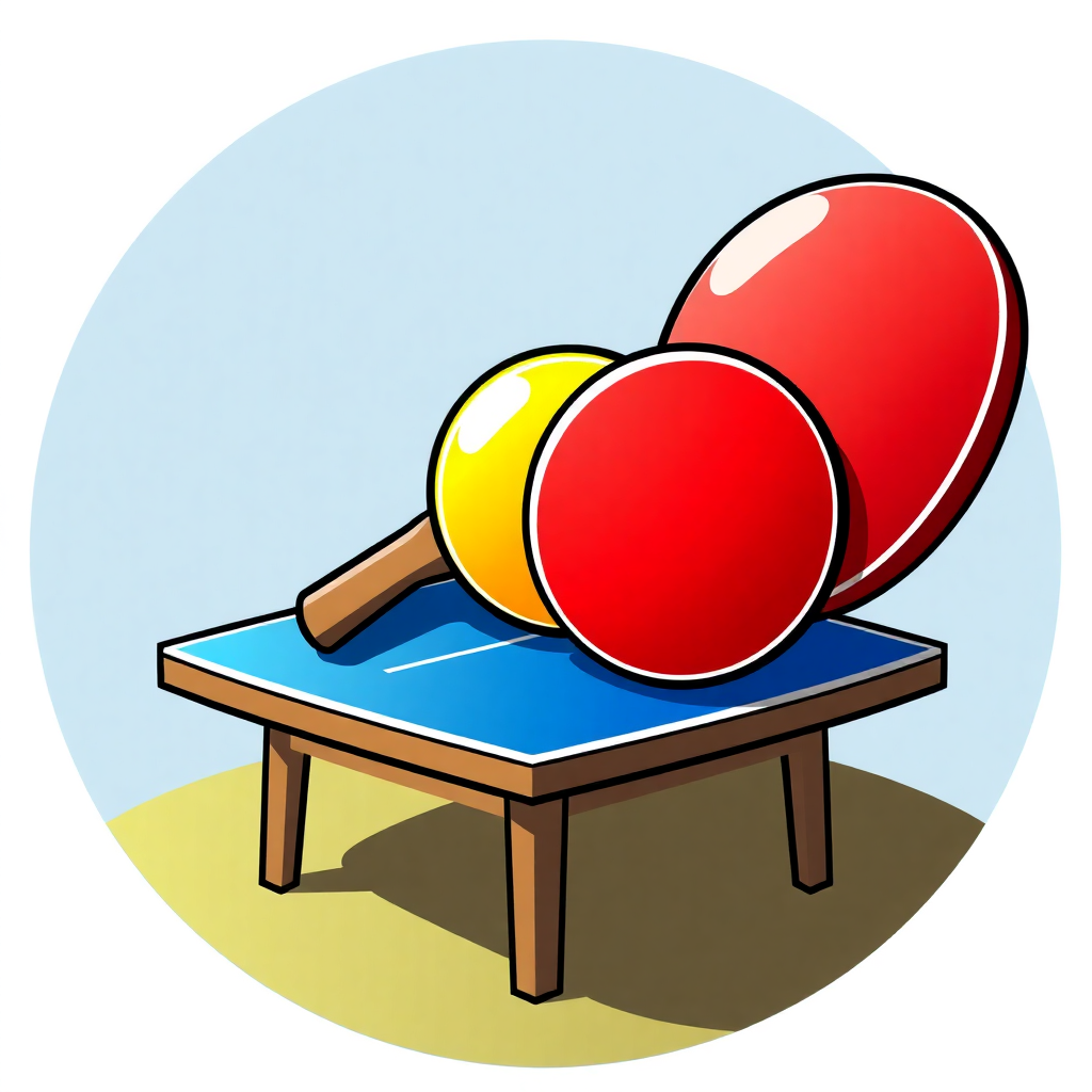 The image is an illustration of a ping pong table with two red and yellow balls on it. The table is rectangular in shape and has four legs. The background is a light blue color. On top of the table, there is a wooden paddle with a yellow handle. The paddle is positioned in the center of the image, with the red ball on the left and the yellow ball on top. The red ball is slightly larger than the yellow one. The image is in a flat, cartoon-like style.