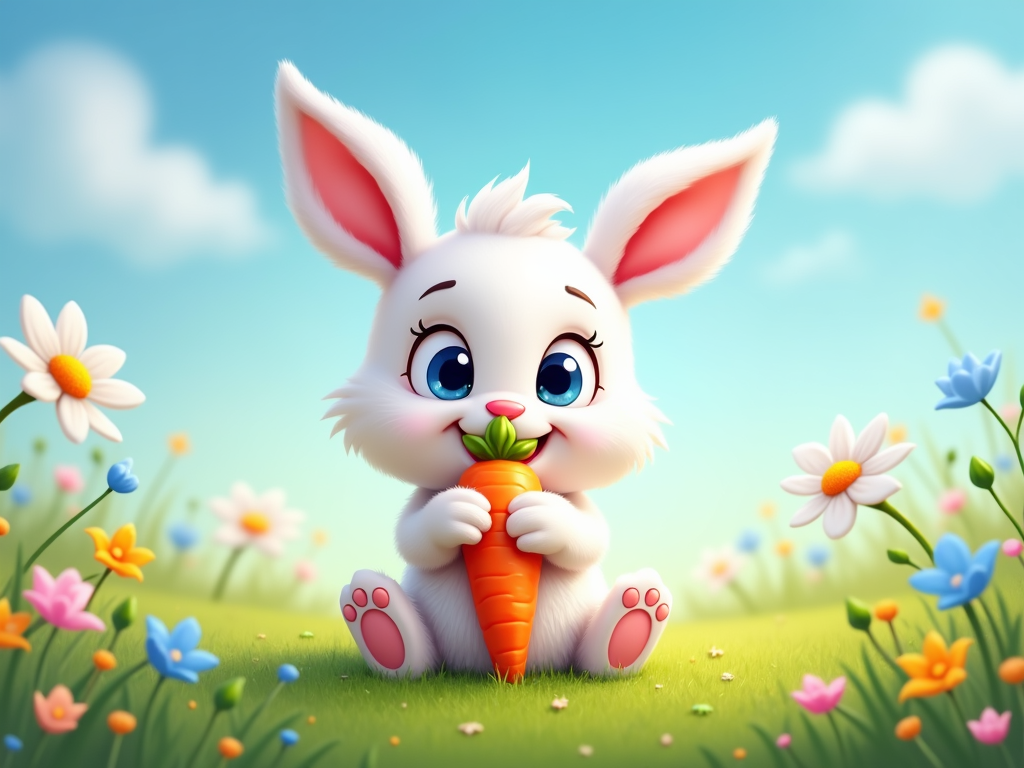 The image is a digital illustration of a cute white bunny with big blue eyes and pink ears. The bunny is sitting on a grassy field with colorful flowers and daisies scattered around. It is holding a large orange carrot in its paws and is smiling at the camera. The background is a bright blue sky with white fluffy clouds. The overall mood of the image is cheerful and playful.