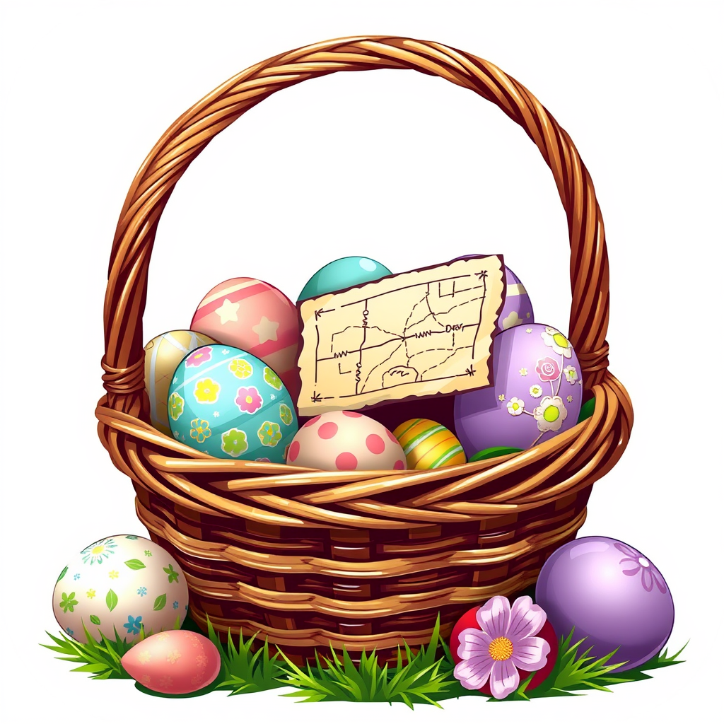 A basket overflowing with decorated Easter eggs, with a small map or treasure hunt clue attached to one of them.