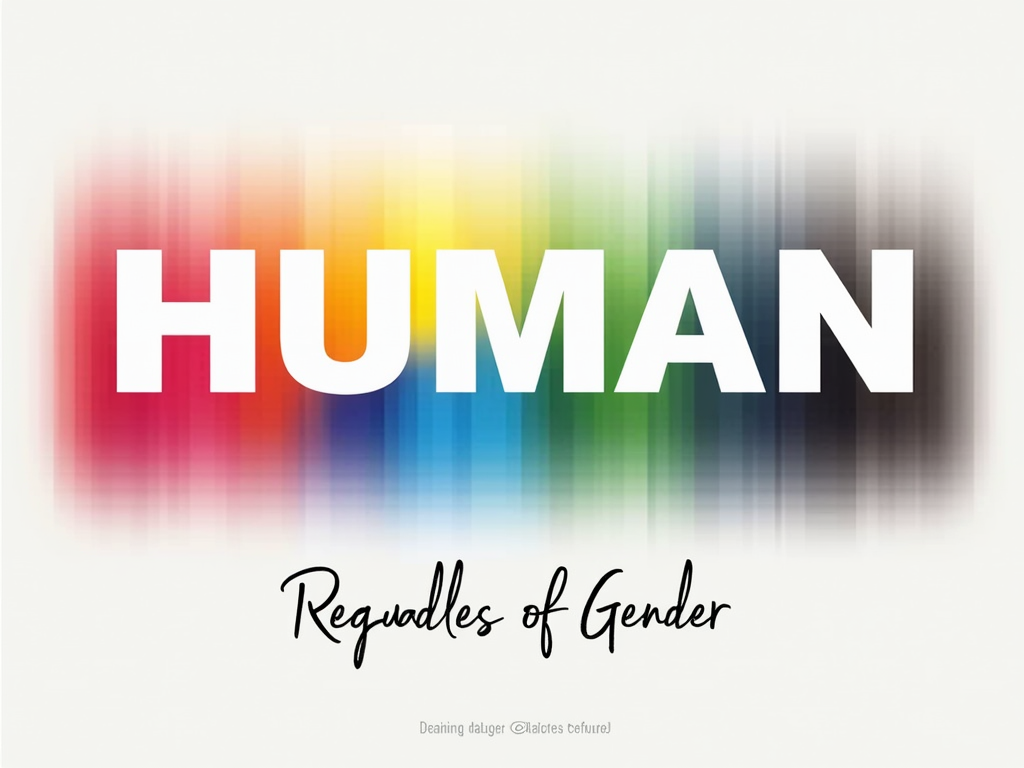 Spectrum Bar Design: A horizontal or vertical bar composed of a spectrum of colors (possibly drawing from various gender identity flag colors, blended smoothly). The word 'HUMAN' is overlaid in a strong, neutral color (white or black) across this spectrum. The phrase 'Regardless of Gender' is placed neatly below the bar.