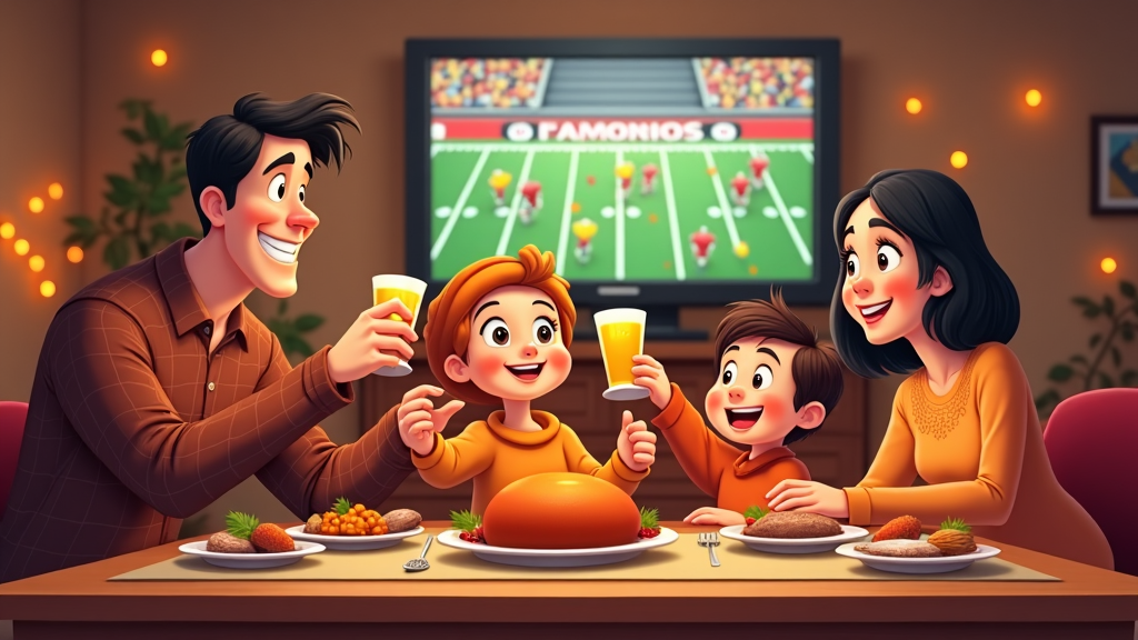 A Thanksgiving dinnertime brief pause for a family cheer, as a touchdown is scored by their team on the television.