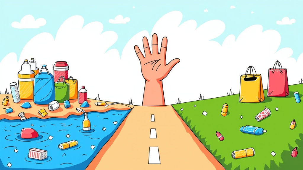 A 'Choice Point' illustration: A hand at a crossroads, one path leading to a pile of single-use plastic waste and polluted environment, the other leading to a flourishing ecosystem with sustainable alternatives (reusable bags, compostable packaging, items made from algae/mycelium).