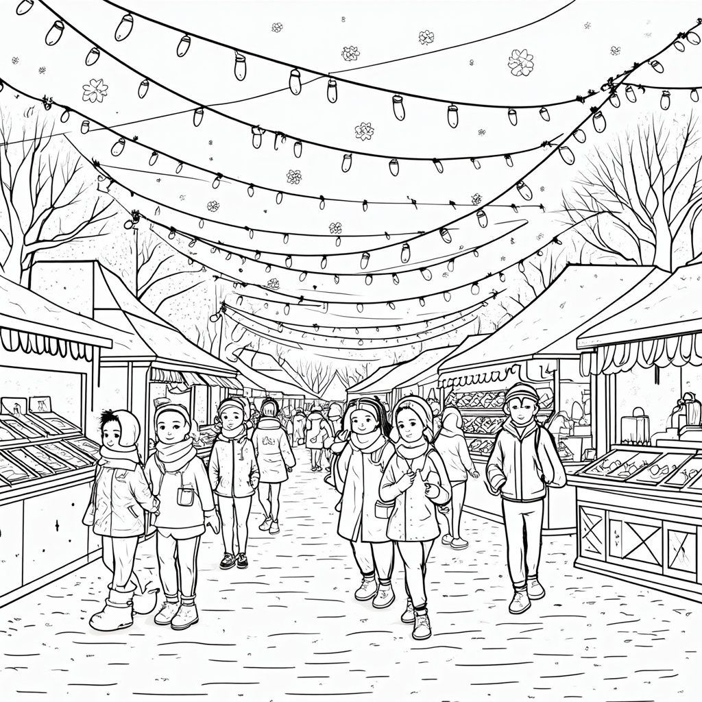 A bustling winter market with people wrapped in colorful scarves and jackets, bustling around stands filled with seasonal delights. String lights hang overhead, illuminating the scene with a festive glow, while snowflakes drift lazily down.