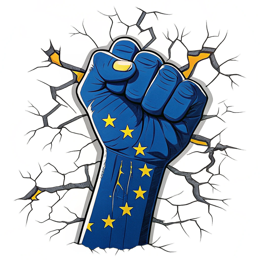 Design Idea 2: A strong, clenched fist in the colors of the EU flag (blue with yellow stars) punching through a crumbling wall representing division.