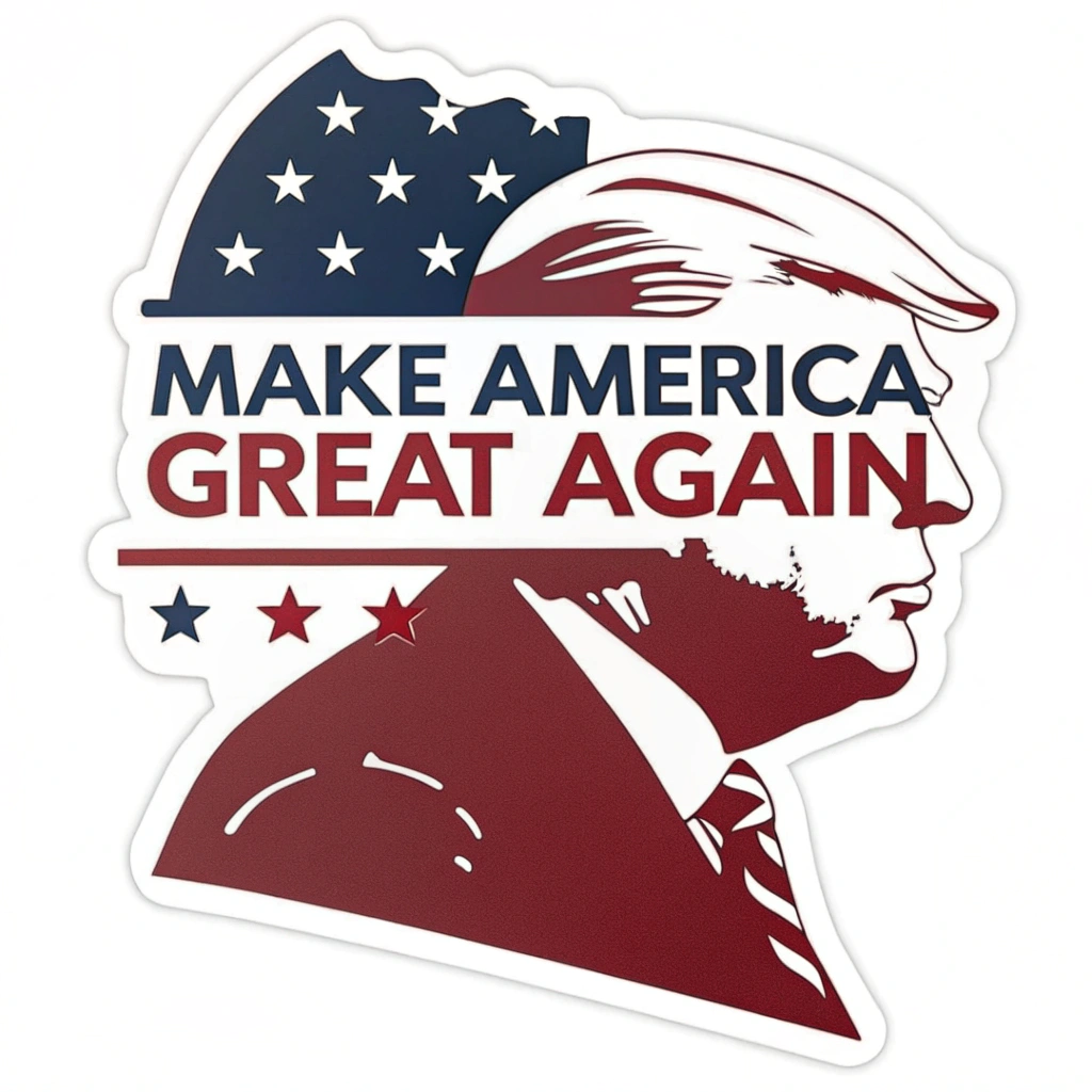 A bold sticker design with the phrase 'Make America Great Again' in a strong font, overlaid on a silhouette of Trump.