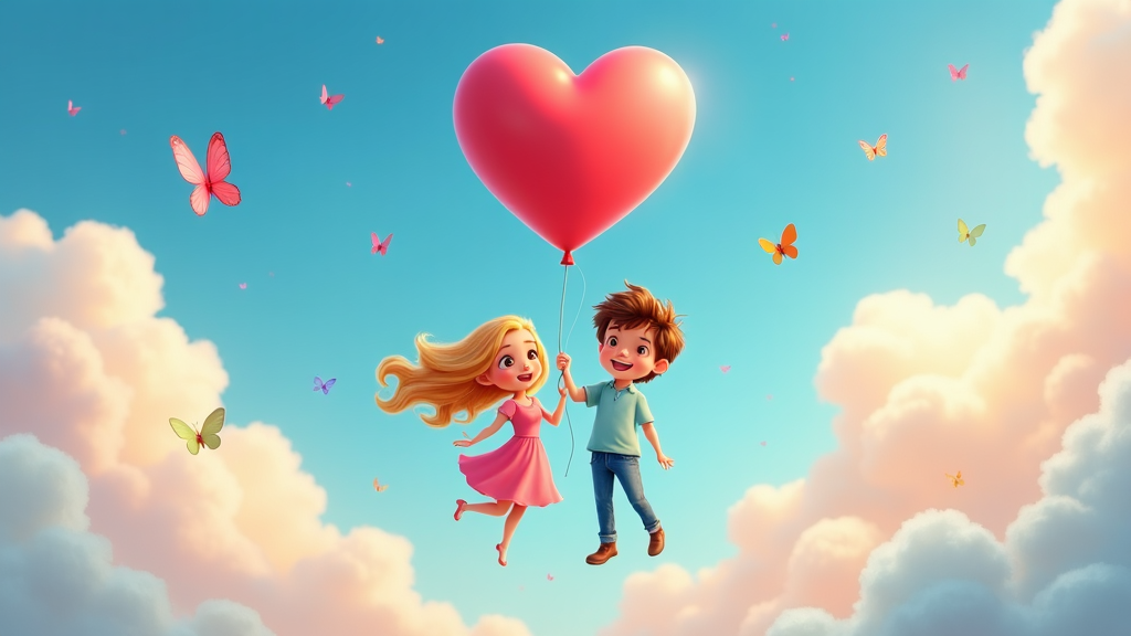 A cartoon couple holding a heart-shaped balloon, floating in a dreamy sky among fluffy clouds and colorful butterflies.