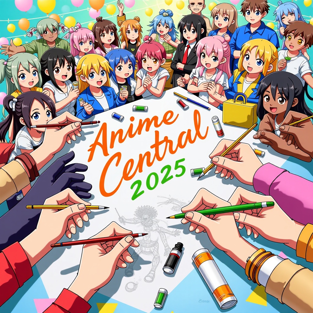 Theme: 'Collaborative Spirit'. An illustration showing multiple artists' hands, each drawn in a distinct anime art style, collectively sketching, painting, or digitally creating a vibrant scene that incorporates 'Anime Central 2025' branding. The scene itself could be a festive gathering of diverse characters, symbolizing the event.