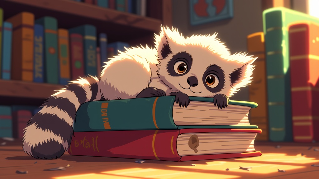 Momo, the lemur, playfully resting atop a stack of books, embodying the light-hearted moments in the group's arduous journey.