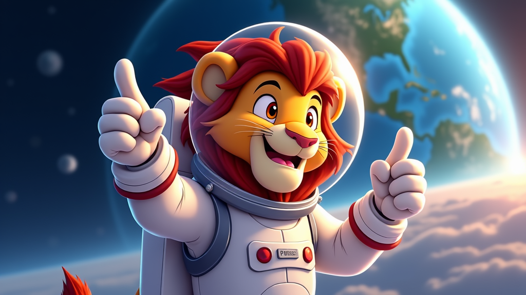 A lion in a spacesuit giving a thumbs up, with Earth visible in the background, conveying a sense of adventure.