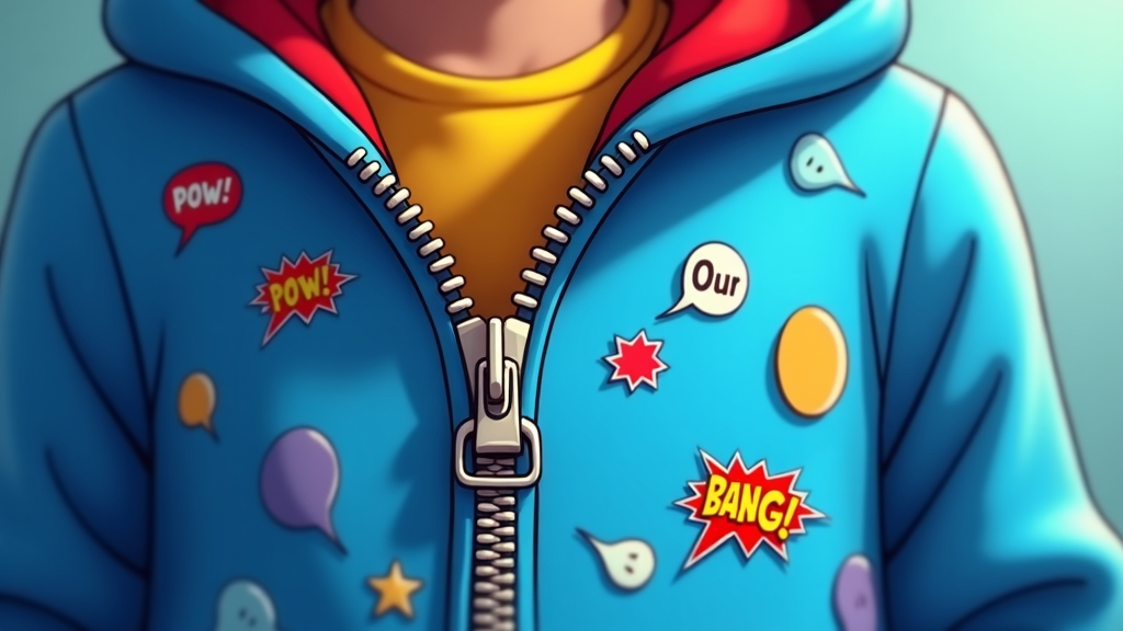 Close-up of a hoodie zipper with tiny comic book style speech bubbles scattered across.