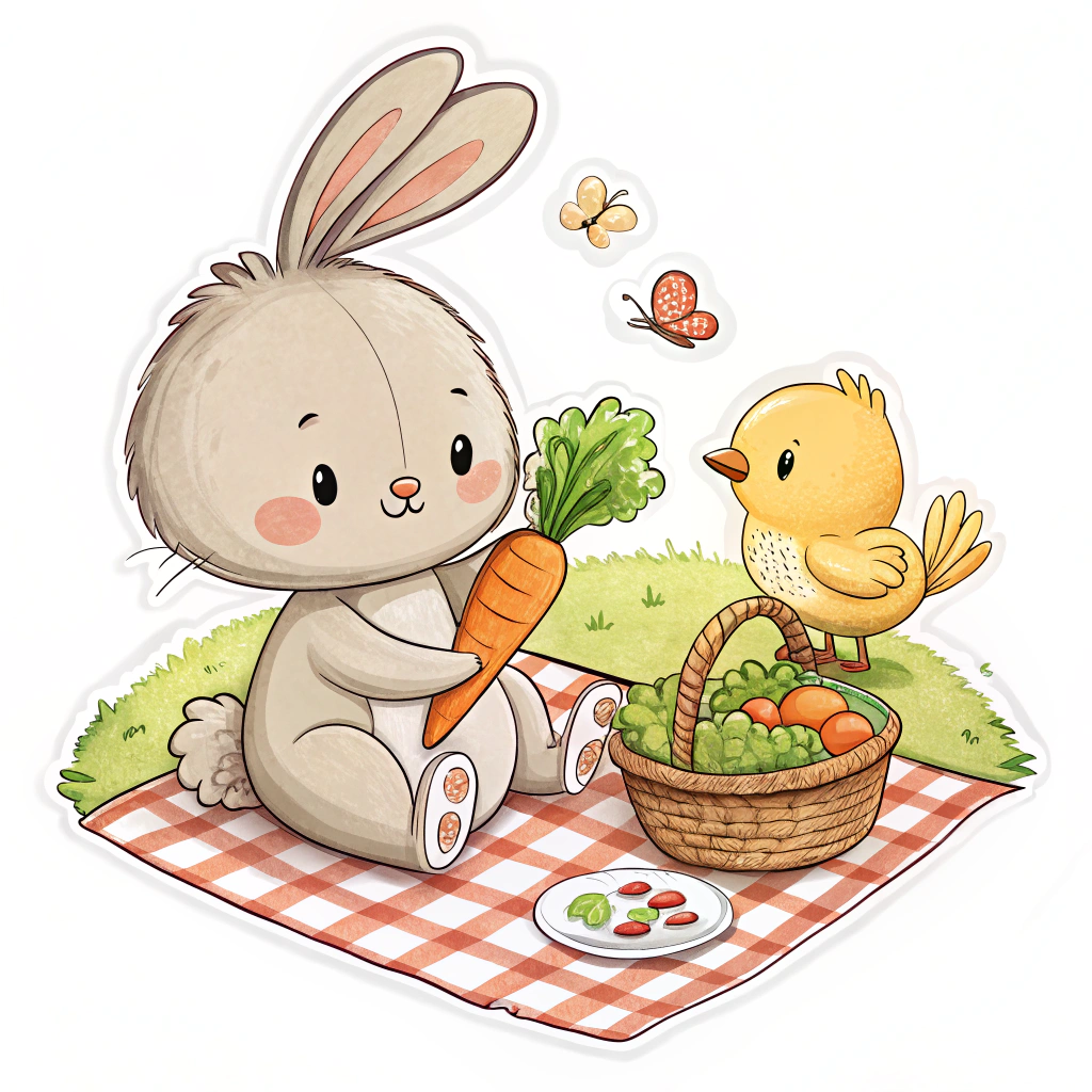 Design a sticker of a bunny and a chick enjoying a picnic.