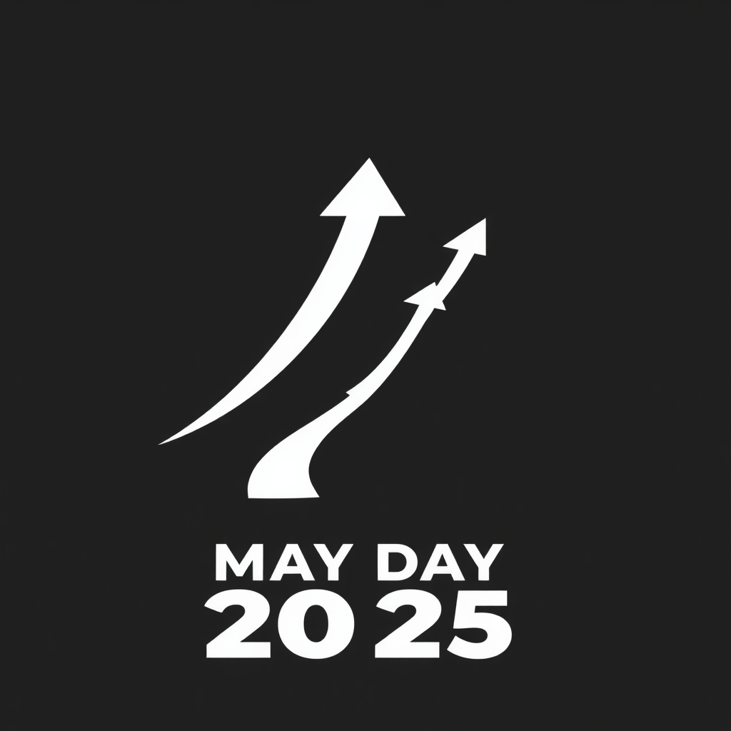 An abstract logo depicting a pathway formed by a sequence of arrows, perhaps increasing in size or intensity, leading upwards and forwards. This visually represents the ongoing journey and advancement of labor rights under the 'May Day Forward 2025' banner.