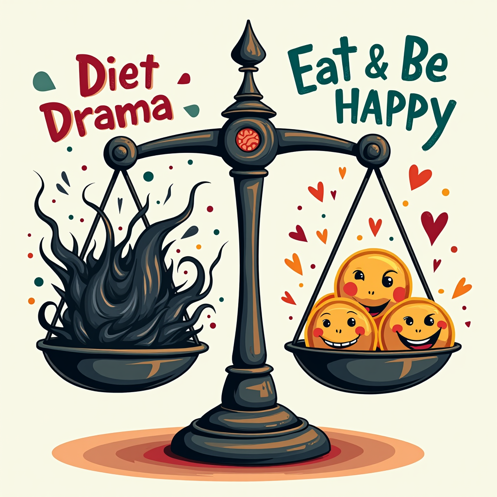 Design 5: Balanced Joy. A graphic showing a set of scales, but instead of weighing food or a person, one side has 'Diet Drama' (perhaps looking heavy and chaotic) being outweighed and lifted by the other side which contains 'Eat & Be Happy' (looking light, vibrant, and represented by joyful symbols or abstract happy shapes).