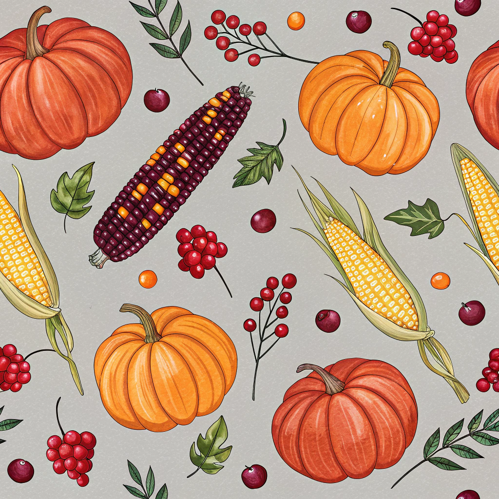 A classic Thanksgiving pattern showcasing ripe pumpkins, colorful Indian corn, and clusters of cranberries. Set against a subtle grey background, the vibrant colors of the symbols create a stunning contrast, highlighting the bounty and festive spirit associated with the Thanksgiving feast.