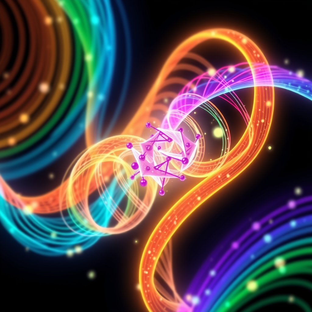 Generative Helix: Illustrate strands of data as colorful, glowing ribbons or particle streams. These strands intertwine in a helical or braided structure. Where the strands intersect or merge, new, more complex patterns or miniature abstract art forms appear, signifying artistic generation through data fusion.