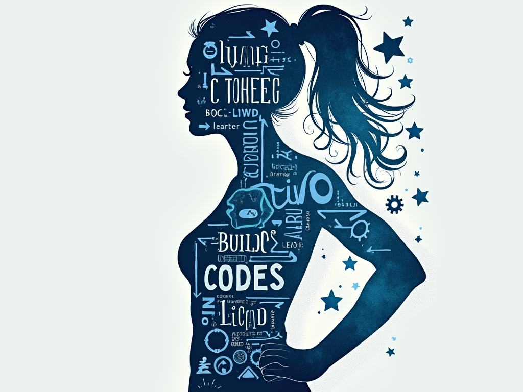 Empowering Silhouette with Integrated Elements: Feature a dynamic silhouette of a woman (or diverse women). Integrate the words 'Builds,' 'Codes,' 'Leads' into the fabric of the silhouette or have graphical elements (like gears, code snippets, directional arrows) emanating from or forming part of the figure.