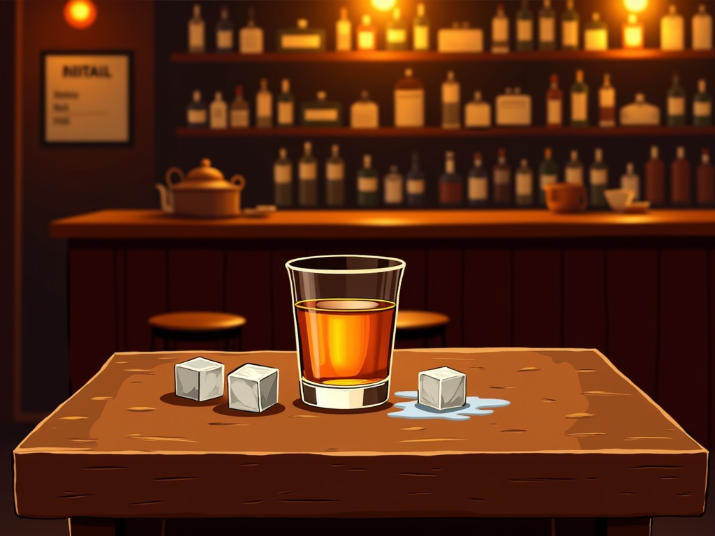  a wooden table with a glass of whiskey on it. The glass is filled with a golden-brown liquid, likely whiskey, and there are three ice cubes on the table. In the background, there is a bar counter with several bottles of alcohol on it and a sign that reads NITAIL. The overall atmosphere of the image is dimly lit and cozy.