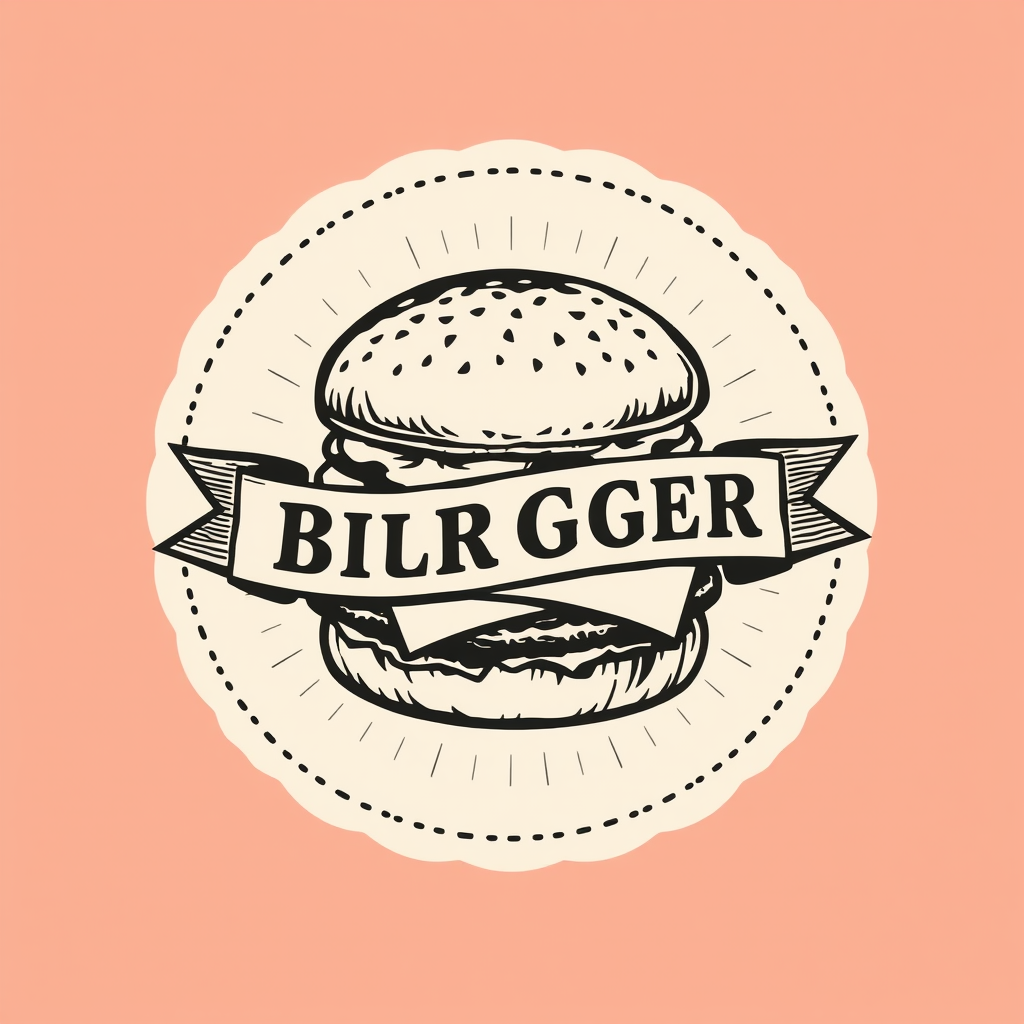 A badge-style logo featuring a hamburger with a banner wrapped across it. The hamburger could be a detailed drawing or a silhouette, while the banner can contain the brand name in a vintage serif font. The overall design should look aged and nostalgic.