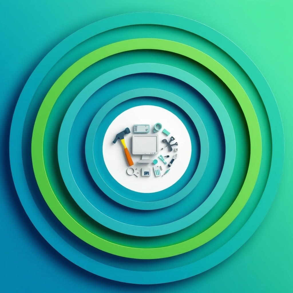 Concentric circles in safety colors (e.g., blue, green, white) radiating outwards, suggesting layers of safety protocols. At the core, place a cluster of common industry tools or icons (hammer, computer monitor, microscope).