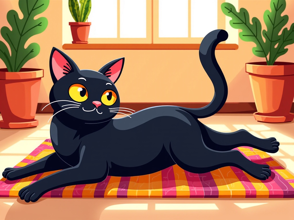 The image is an illustration of a black cat lying on a colorful striped rug in a room with a window in the background. The cat is lying on its back with its front paws stretched out and its tail curled around its body. Its eyes are wide open and its ears are perked up, giving it an alert and curious expression. There are two potted plants on either side of the cat, one with green leaves and the other with red flowers. The room has a tiled floor and a beige wall.