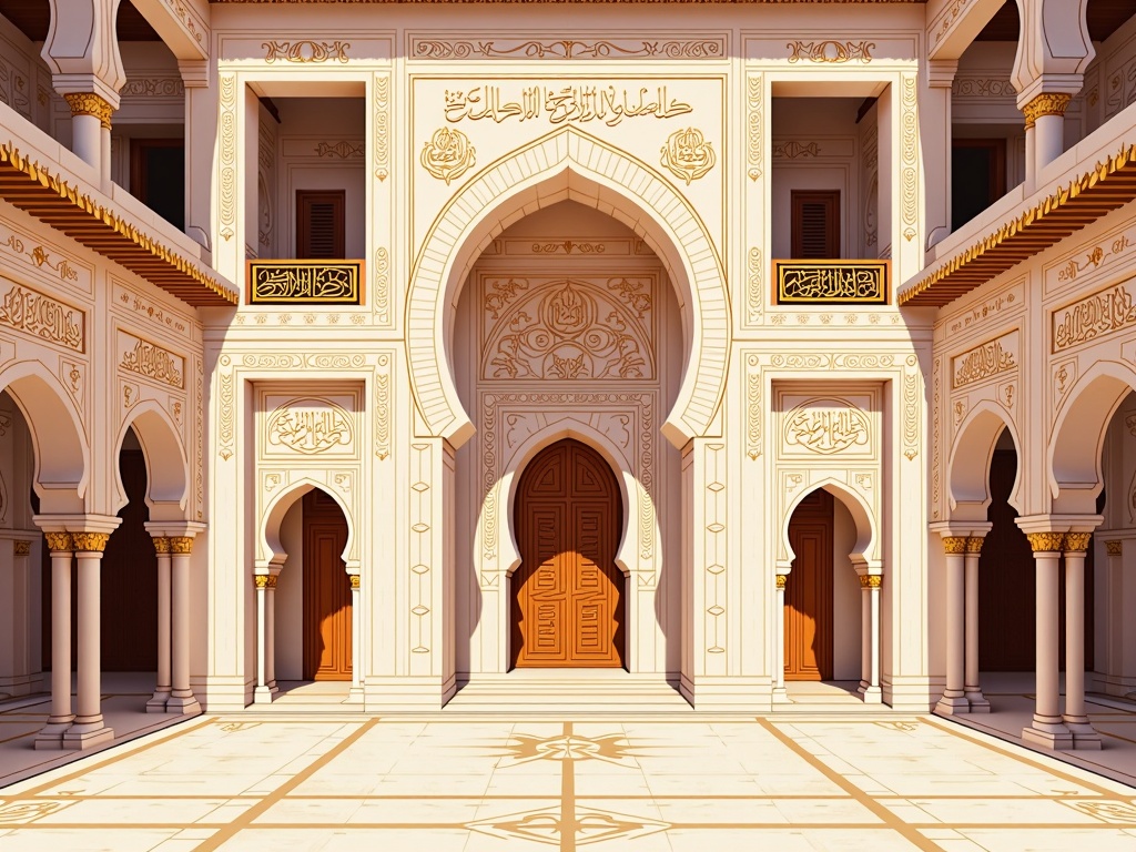 Architectural Calligraphy: Designs showcasing grand Arabian architecture (palaces, courtyards, mosques) where intricate calligraphic inscriptions are seamlessly integrated into the friezes, archways, or mosaic tile patterns. The typography for captions or chapter headings would emulate chiseled stone or inlaid precious materials.