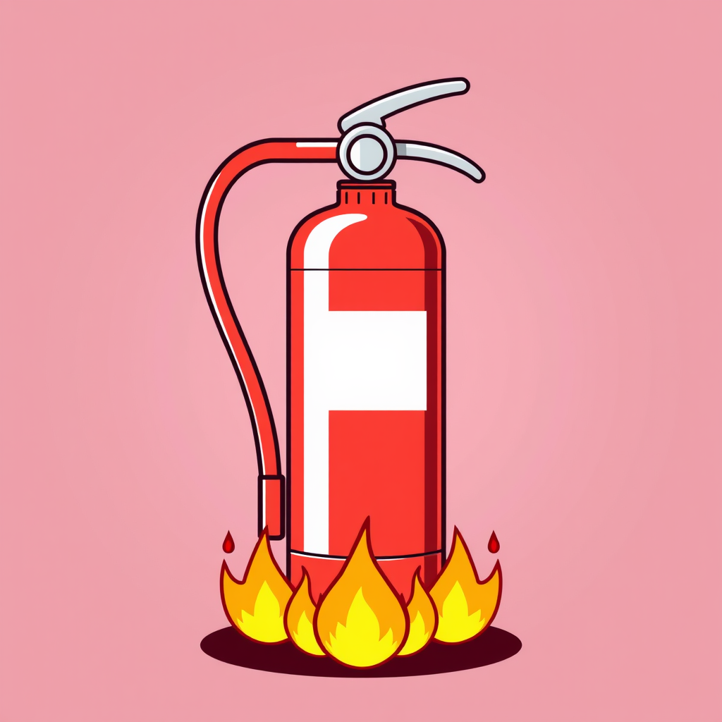 A simple, frontal view of a fire extinguisher, with small, animated flames around the base or nozzle.