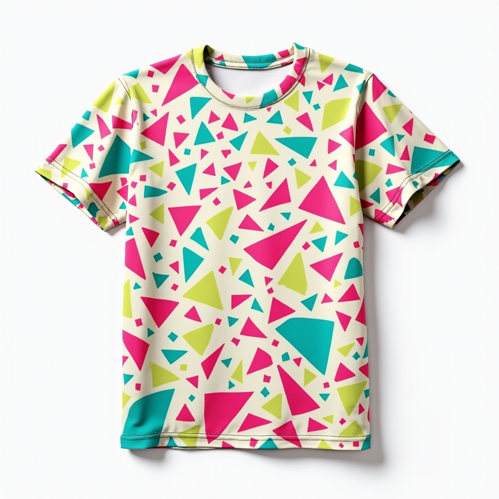 Geometric Piñata Shards: An abstract T-shirt design depicting scattered, multi-colored geometric 'shards' or confetti shapes, suggesting a deconstructed piñata, with a bright yet curated color scheme.