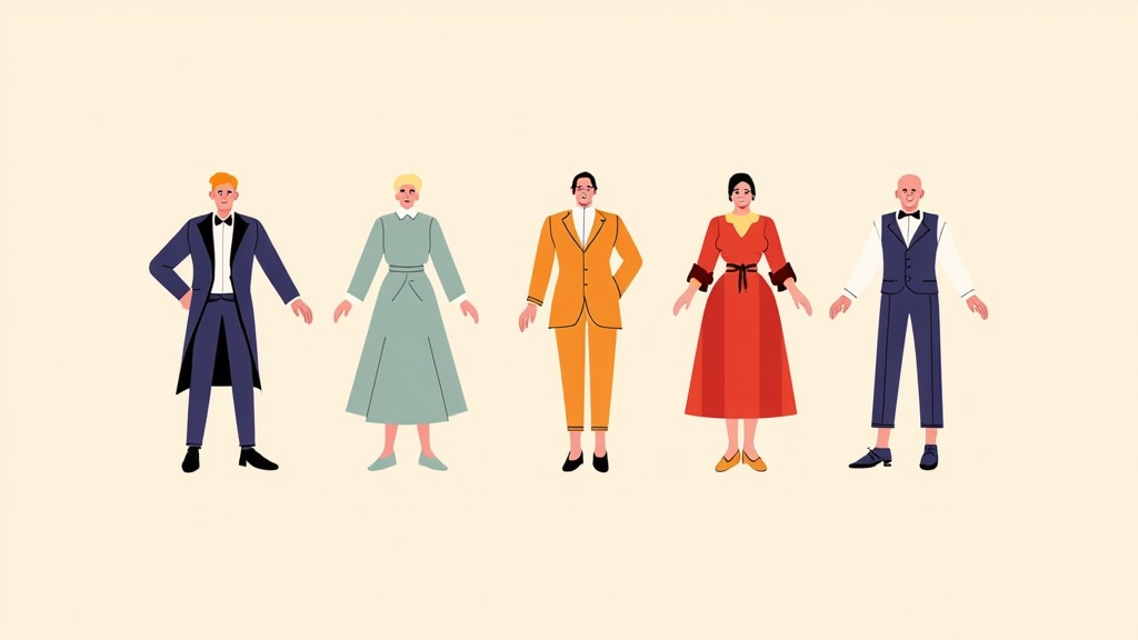 AI-created minimalist art focusing on the essential silhouettes, color palettes, and recognizable features of historical movie costumes, stripping them down to their core identity.