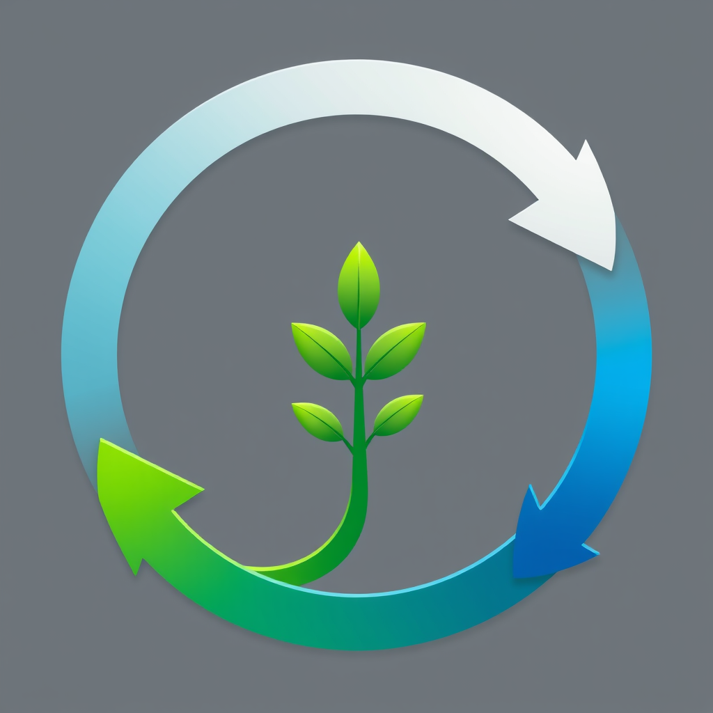Three distinct arrows in different shades of green and blue, representing earth, water, and air, chasing each other in a circular formation. The leading arrow subtly forms the shape of a young plant.