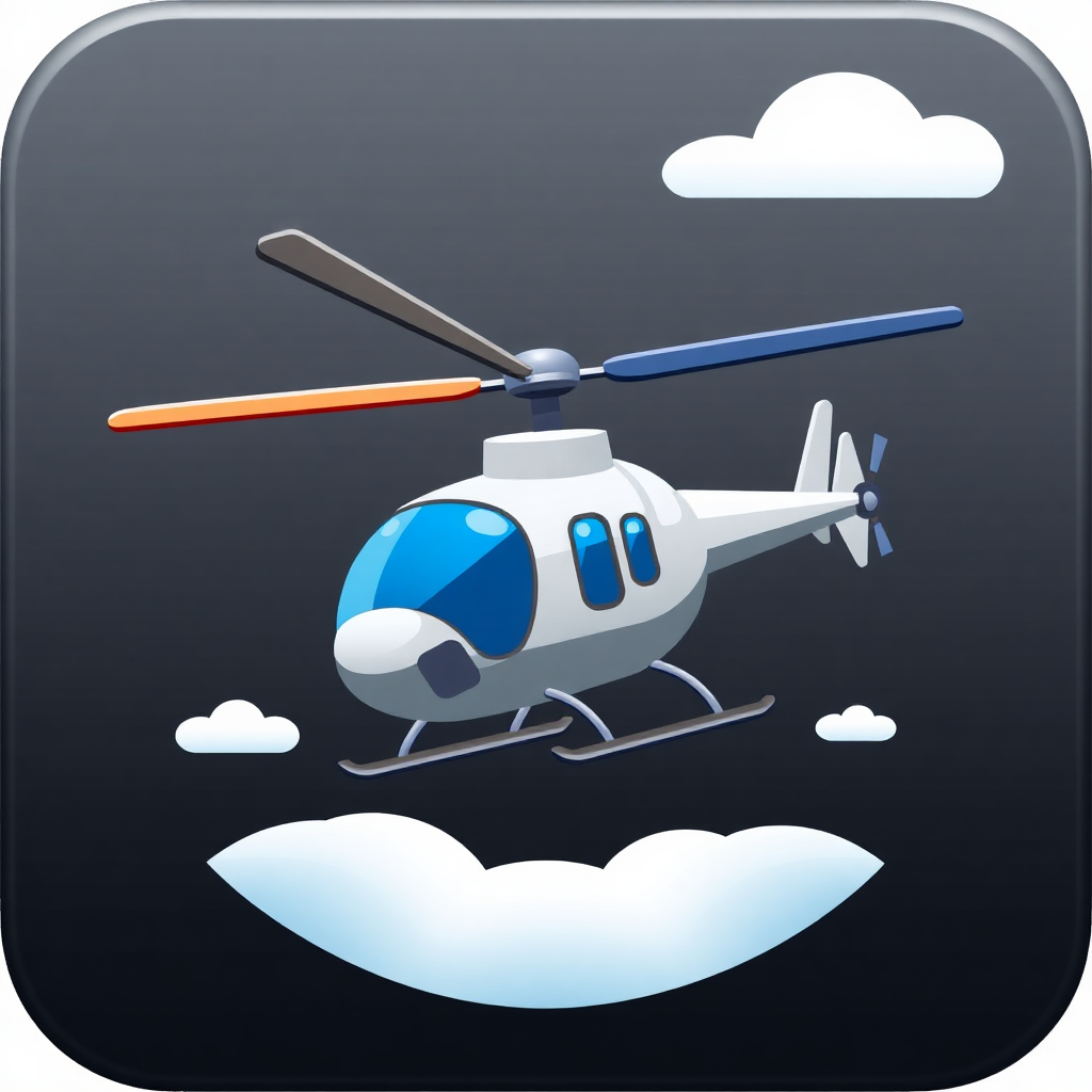 The image is a square icon with a black background. In the center of the icon, there is a white helicopter with a blue and orange propeller. The helicopter is flying in the sky with white clouds surrounding it. The propeller is pointing towards the right side of the image. The body of the helicopter is white with a red stripe running along the side. The windows are blue and the nose is orange. The overall design is simple and cartoon-like.