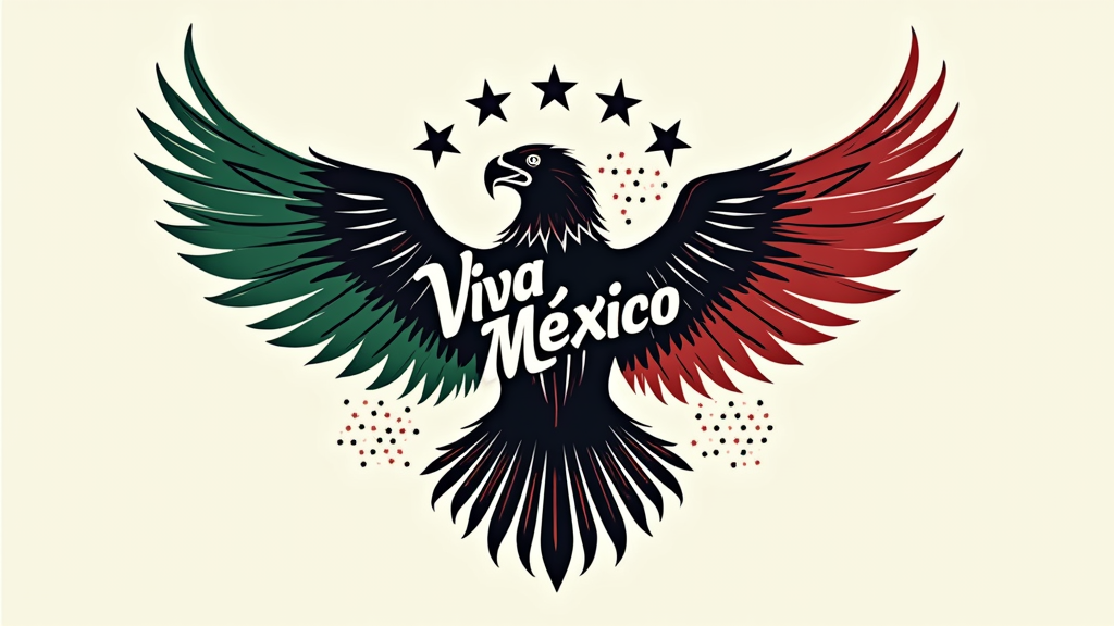 A T-shirt design using a more contemporary, abstract approach. A geometric or stylized representation of the Mexican eagle, perhaps composed of sharp lines and angular shapes. The Mexican flag elements are integrated as sections of color blocks or a patterned background behind the eagle. 'Viva México' is written in a clean, modern sans-serif font, possibly placed asymmetrically to enhance the modern feel.