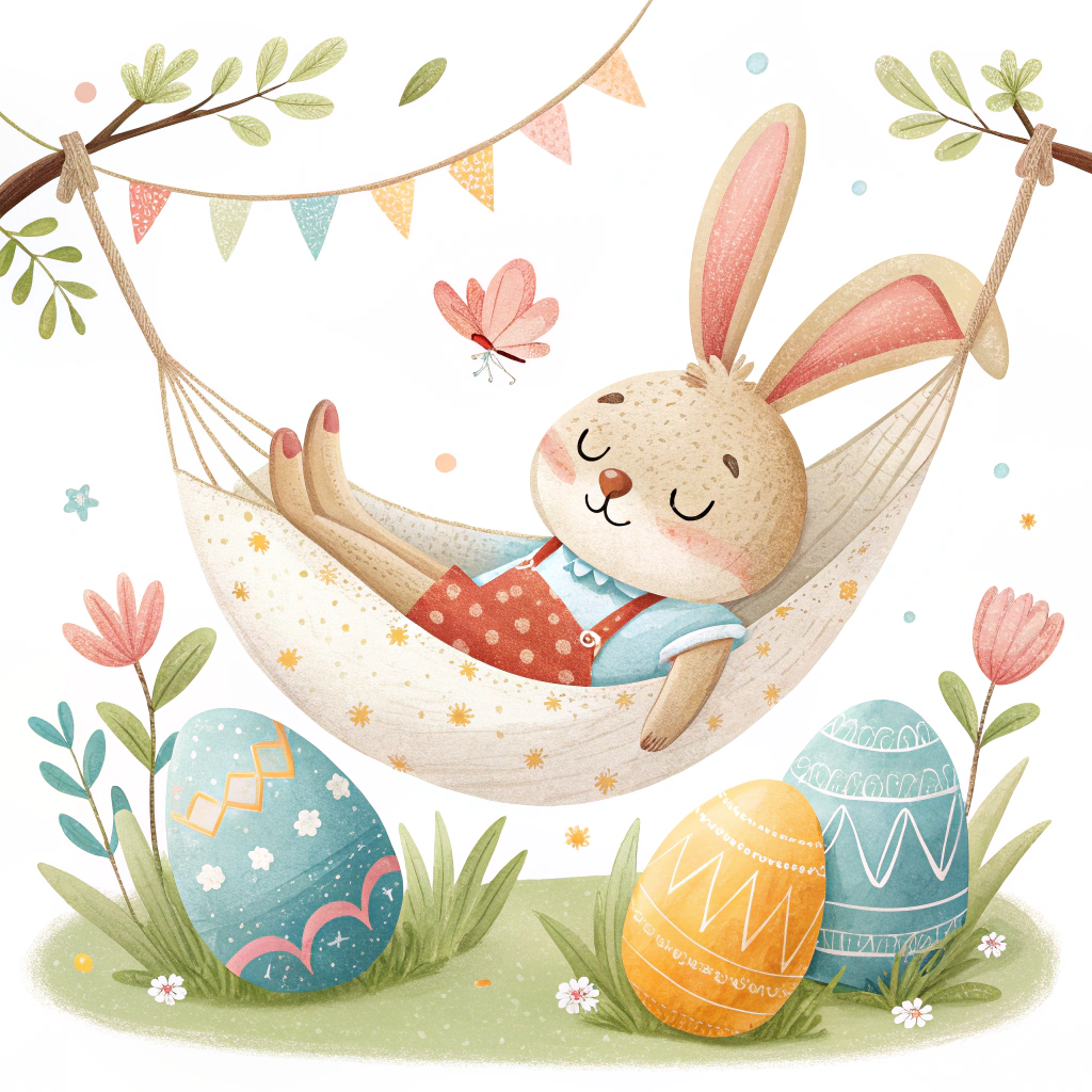 A sticker depicting a cartoon bunny relaxing on a hammock strung between two decorated Easter eggs, enjoying a peaceful post-Easter Monday vibe.