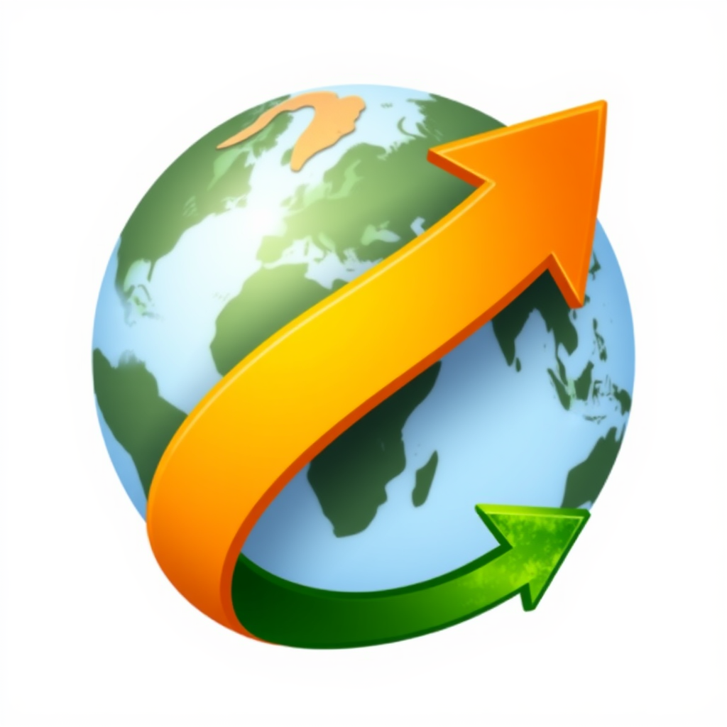A stylized globe with an arrow that wraps around it, starting from a point representing degradation (e.g., barren land texture) and ending in a point of renewal (e.g., lush green texture at the arrowhead).