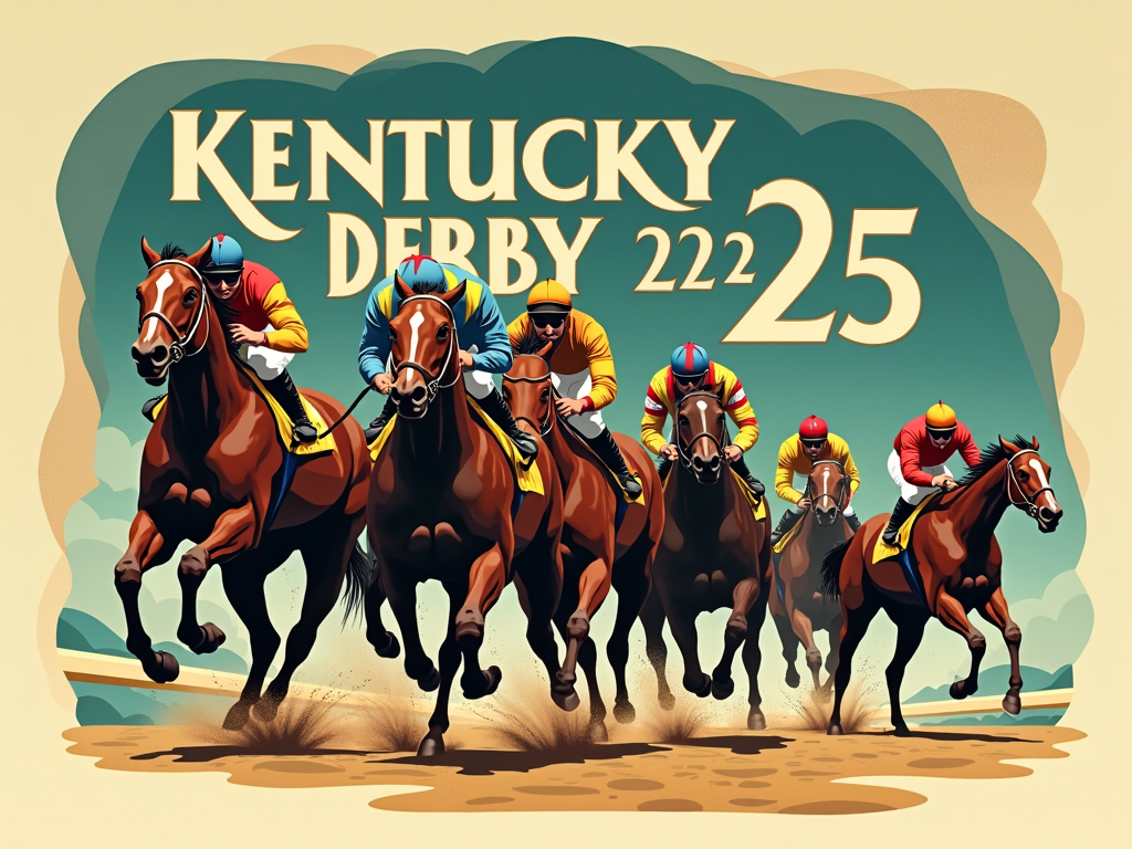 Retro Poster Design 1: 'Art Deco Finish Line' - Features horses and jockeys in an Art Deco style, mid-race, with bold geometric lines and 'Kentucky Derby 2025' in period typography. Color palette includes deep teal, gold, and cream.