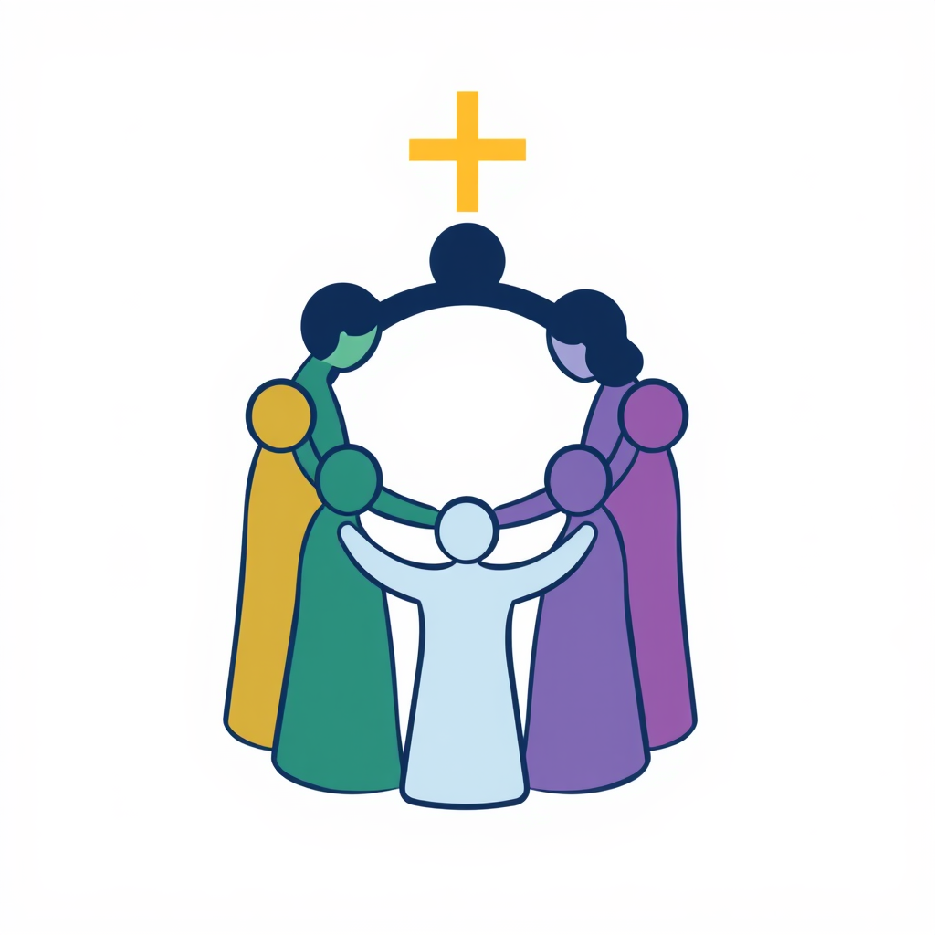 A minimalistic icon using pastel colors, depicting a group of people holding hands in a circle, symbolizing community and togetherness on Easter Monday.