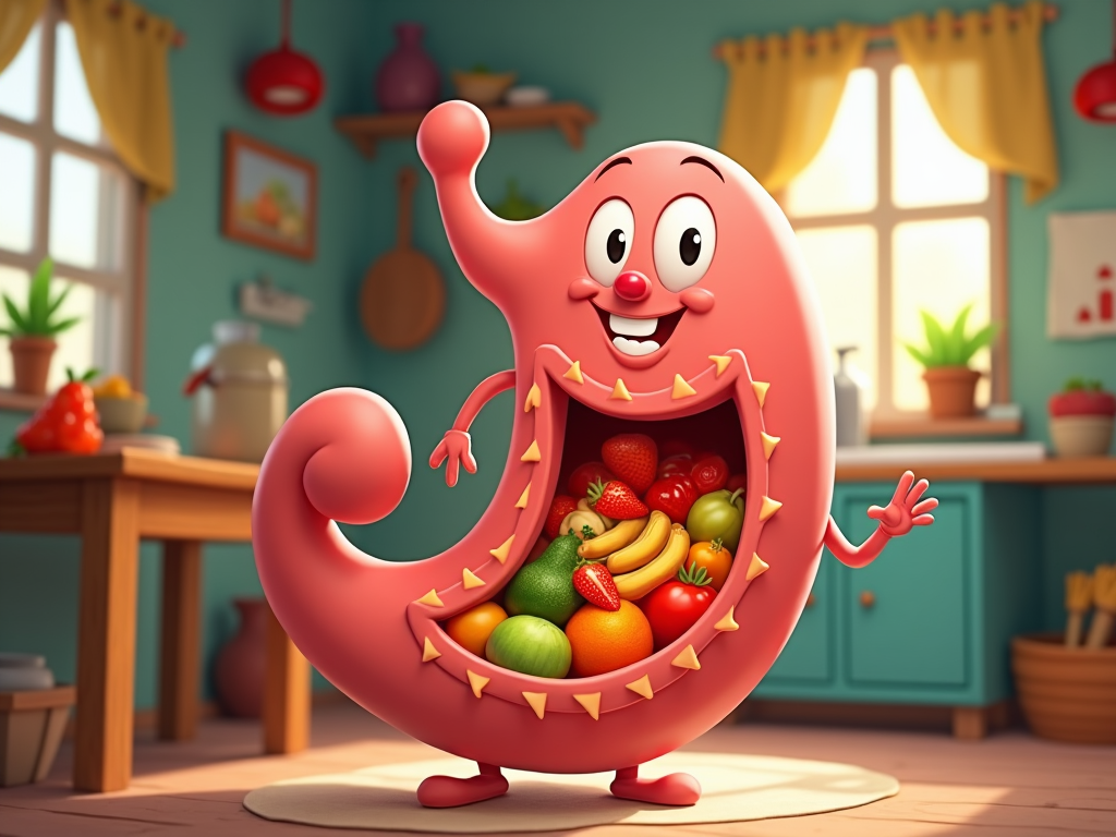 The image shows a cartoon character in the middle of a kitchen with a variety of fruits in its mouth. On the left side of the image, there is a table with various objects on it, and on the right side, there are spoons in a basket. In the background, two windows with curtains are visible, and there are a few objects attached to the wall. The image is animated, giving it a lively and vibrant feel.