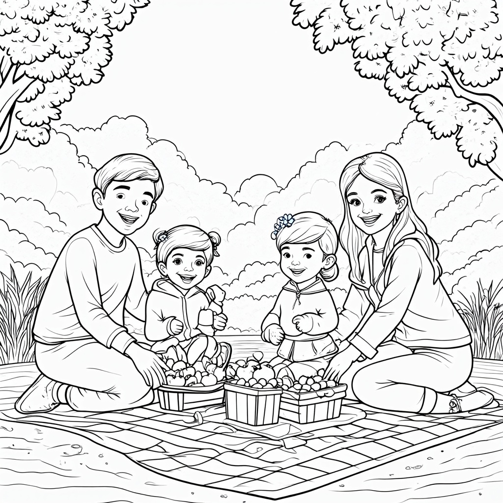 Coloring page: A family (parents and children) enjoying a healthy activity together, like a picnic with fruits or playing a board game, all looking happy and well. Caption idea: 'Our family is vaccinated and vibrant!'