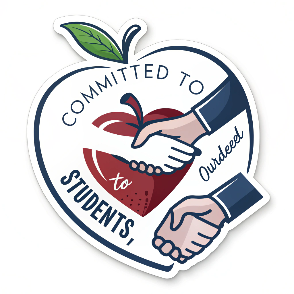 A stylized heart encompassing an apple (representing students) and a handshake (representing commitment to teachers). The text 'Committed to Our Students, Committed to You' encircles the design.