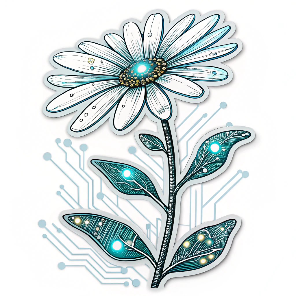 Circuit Daisy Sticker: A stylized daisy designed with interconnected circuit board traces forming the petals and stem. Tiny LED-like dots could be at junctions, with colors like metallic silver or glowing electric blue on a dark background.