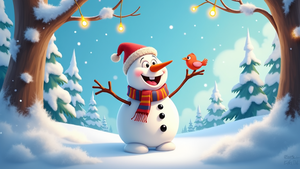 The image shows Olaf the snowman standing in the snow with a bird perched on his arm. He is wearing a scarf and a cap, and the background is filled with trees covered in snow and lights hanging from the branches. The sky is visible in the background.