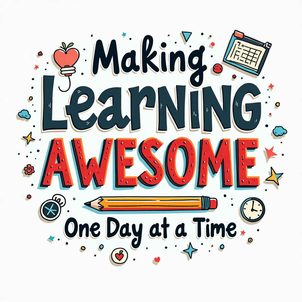 A typography-focused design where 'AWESOME' is the dominant, vibrant word, perhaps in a playful font. 'Making Learning' and 'One Day at a Time' are arranged above and below in complementary styles, possibly with doodle-like educational icons (apple, pencil, book).