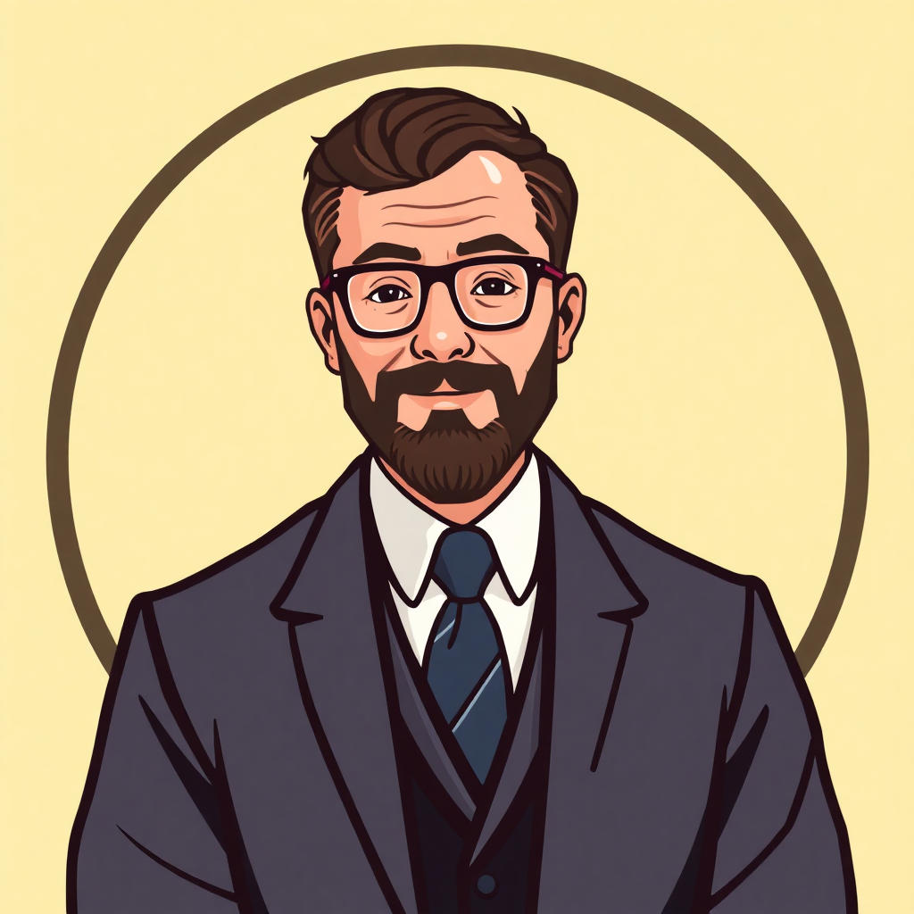 The image is an illustration of a man with a beard and glasses. He is wearing a dark suit with a white shirt and a blue tie. He has a serious expression on his face and is looking directly at the camera. The background is a light yellow color with a circular frame around the man's head. The overall style of the illustration is flat and cartoon-like.