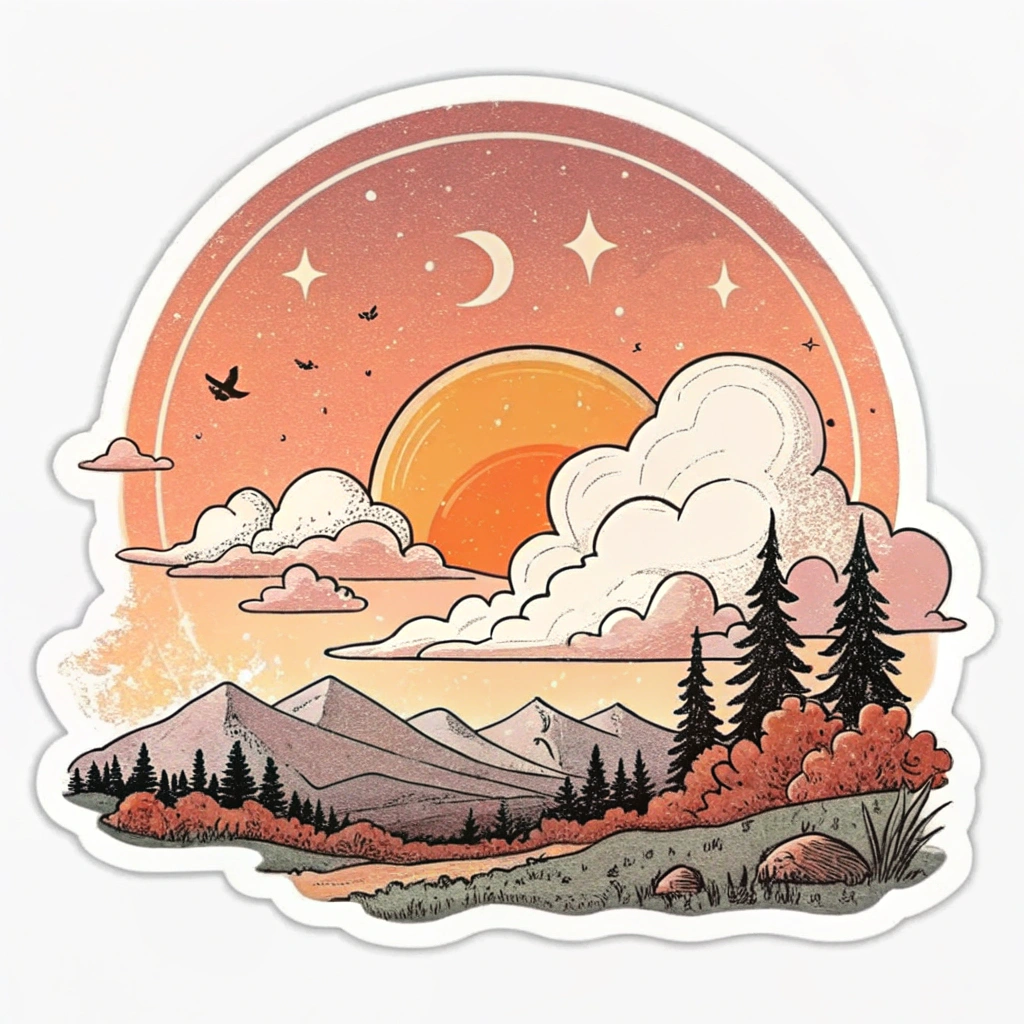 The image is a circular sticker with an illustration of a beautiful landscape. The background is a gradient of orange and pink, with a large orange sun in the center. The sun is surrounded by white clouds and stars, and there are two crescents on either side of the sun. In the foreground, there are mountains with trees and shrubs on the slopes. The mountains are covered in orange and red leaves, and the shrubs are a mix of green and brown. There are also a few birds flying in the sky. The overall mood of the image is peaceful and serene.