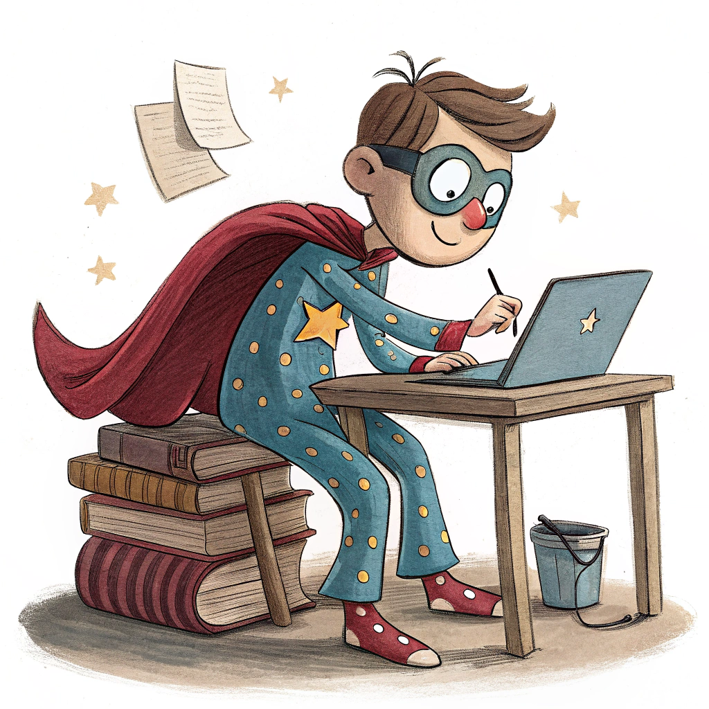 A superhero character wearing pajamas and a cape, working on a laptop at a desk made of stacked books.